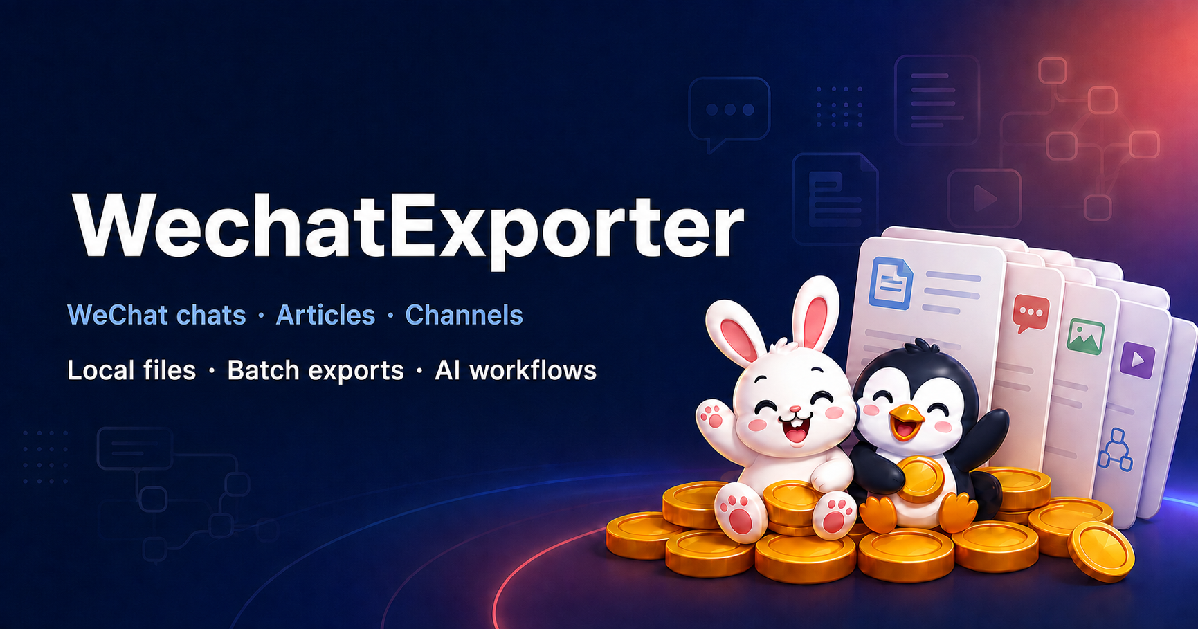 WechatExporter — WeChat chats, Official Account articles and Channels video batch exports; rabbit and penguin illustration.